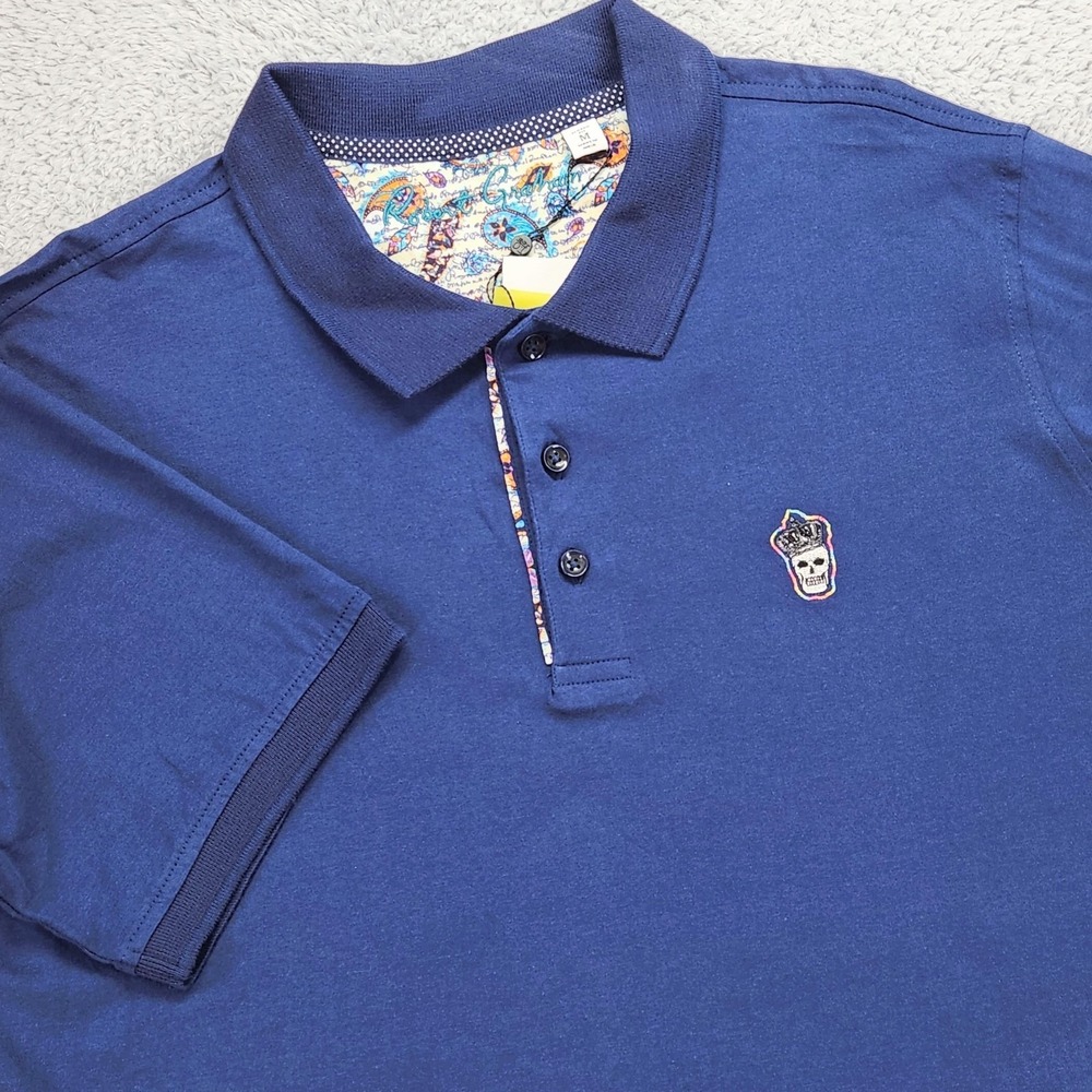 Robert Graham Lucifer Polo Shirt Mens Medium Navy Classic Fit Skull Embroidered
